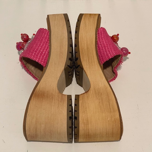 Acata Platform Wedge Sandals 8‎ Pink Raffia Beaded Embellished Slip On Slides - Picture 4 of 6